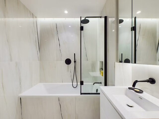 Modern bathroom interior in minimal scandinavian style, 3d render