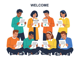 Welcome to the Team: Diverse individuals sit and read documents, symbolizing unity, collaboration, and shared objectives. This image underscores the values of teamwork and welcoming.