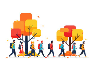 Autumn Hike: A group of hikers, united by their backpacks and autumnal surroundings, embark on an outdoor adventure, symbolizing exploration and the beauty of seasonal change.