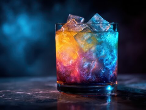 Colorful Illuminated Ice Cubes in a Glass with Bright Blue and Orange Lighting Effect