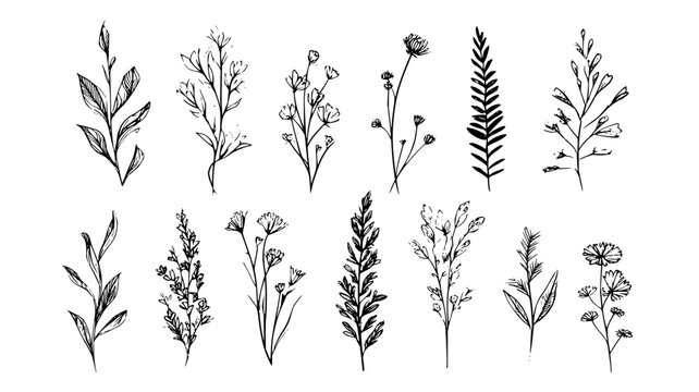 Botanical illustration vector art with floral elements and plant drawing for graphic design and nature sketch