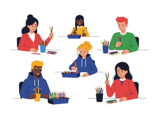 Creative Community: Diverse individuals engaging in a vibrant artistic session, capturing the spirit of creativity and self-expression through pencils and paper.