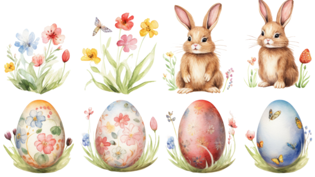Set of Watercolor Easter Bunny and Eggs PNG Generated Illustration on White Background