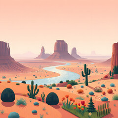 A vast fantasy landscape in the style of Monument Valley, with symbolic abstract farmland on the left, a shimmering mirror-like river in the center, and a joyful stylized garden on the right.
