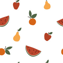 Seamless pattern with fruits on white background — watermelon, apple, pear, orange. Designed in flat vector style with evenly spaced elements for repeat.