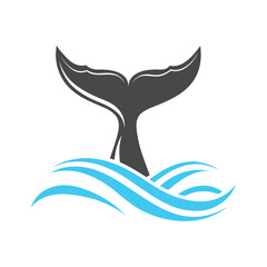 Dark grey whale tail emerges from stylized blue ocean waves on white background fluke