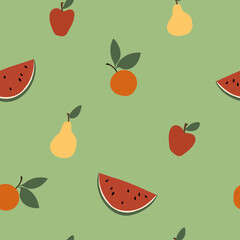 Seamless pattern with fruits on green background — watermelon, apple, pear, orange. Designed in flat vector style with evenly spaced elements for repeat.