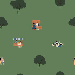 Seamless pattern featuring diverse people at farmers market and trees. Includes vendors, shoppers, families with children, elderly couples, picnic group on green background. Flat vector illustration