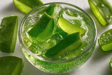 Fresh aloe vera gel in a glass bowl with ice