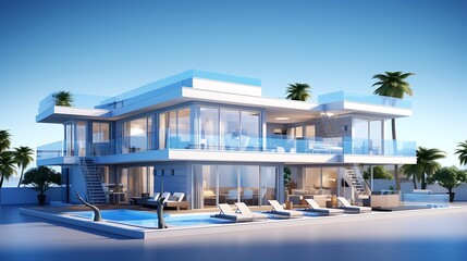 Fototapeta premium Realistic 3D model of a contemporary villa with large balconies, glass railings and rooftop features, layered over blueprint background in rich blue, clean composition.