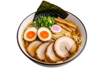Delicious bowl of traditional Japanese ramen featuring soft-boiled eggs seaweed sliced pork and