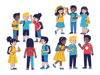 Friendly Farewell: A group of school kids, high-fiving, and waving goodbye, embodying the joy of friendship. and welcoming new beginning, and celebrating childhood moments.