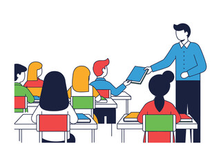 Education classroom: The dynamic learning environment where a teacher engages with students in a stimulating education setting. Each student sits at their desk, absorbing knowledge and insights.
