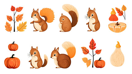 Beautiful Set of Illustration Clipart Funny Autumn Elements on White Background