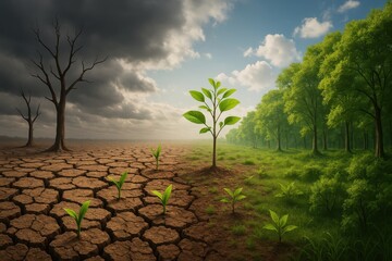 Environmental transformation concept showing barren desert landscape gradually becoming lush green forest symbolizing climate action and regeneration