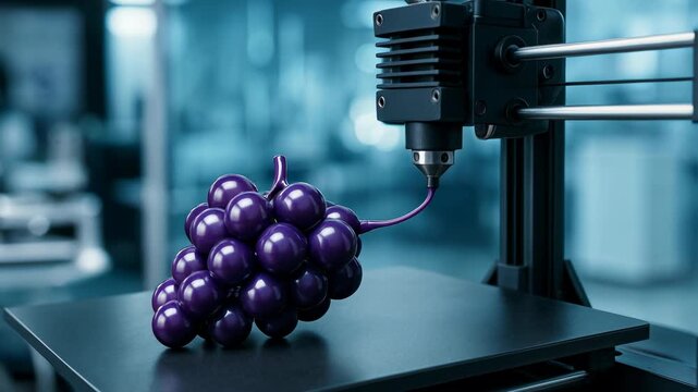 3d printer fabricating hyperrealistic bunch of purple grapes in futuristic food lab. concept of artificial fruit, food printing technology, and digital gastronomy
