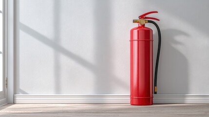 A red fire extinguisher stands against a white wall in an expansive room, receiving warm light from windows. The modern setting emphasizes safety and preparedness
