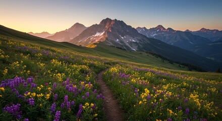 Fototapeta premium A trail leads through a field of wildflowers in the mountains showing a panoramic mountain view from a hiking trail covered in wildflowers