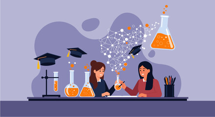 Two female students conducting chemistry experiment in laboratory