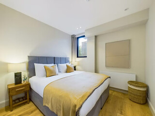 Fototapeta premium Modern luxury bedroom interior in minimal scandinavian style, 3d render