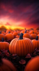 Vibrant pumpkins in a sunset field