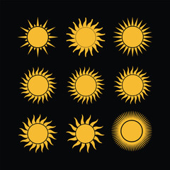 Golden shining sunburst and radiant light symbol decorative set On white Background Vector illustration