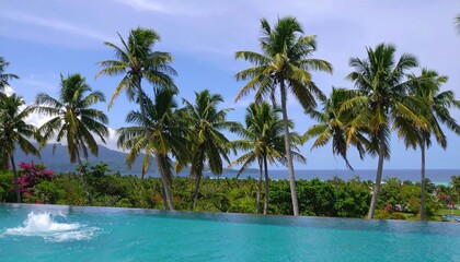 Fototapeta premium Infinity pool, palms, tropical, water, sky, landscape, horizon, sun, relaxation, vacation, luxury, resort, summer, reflection, blue, serene, exotic, nature, tranquility, leisure, scenic, beauty, escap