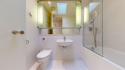 Modern bathroom interior in minimal scandinavian style, 3d render