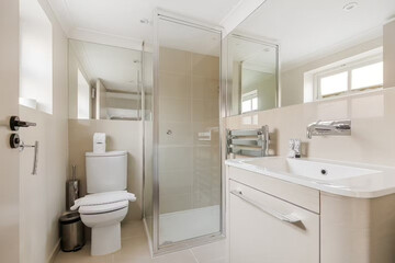 Modern bathroom interior in minimal scandinavian style, 3d render