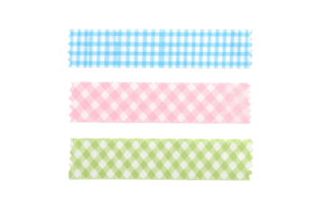 Three uniquely designed washi tape scraps in pastel colours on a transparent background; PNG