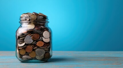 A clear glass jar filled with various coins sits on a wooden table. The vibrant blue background enhances the focus on the jar and its contents during daylight