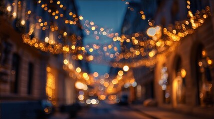 City street glows with festive lights, blurred, during dusk; holiday promotion