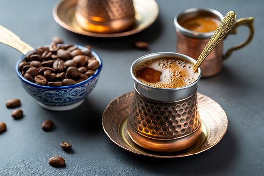 Traditional Turkish Coffee served in Copper Vessels with Coffee Beans offering a rich cultural experience and a delightful aromatic brew perfect for a cozy break