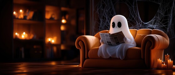 Fototapeta na wymiar Playful ghost reading a newspaper on a cozy couch