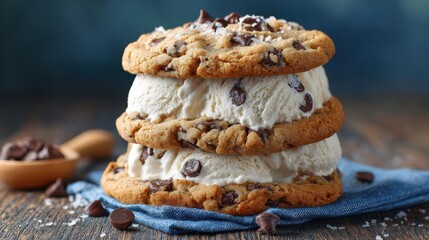 Three large chocolate chip cookies sandwich creamy ice cream in between, creating a delectable dessert. Chocolate chips and sea salt sprinkle the top for extra flavor