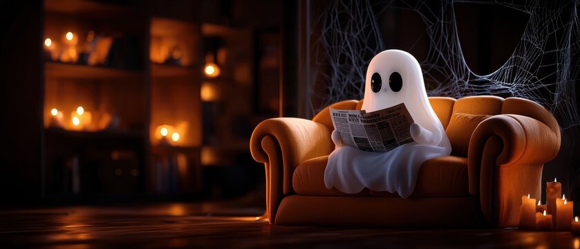Playful ghost reading a newspaper on a cozy couch