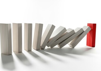 White wooden blocks toppling in a chain reaction, with a red block at the end, symbolizing disruption, challenge, or the domino effect
