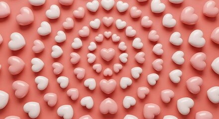 A beautiful pattern of pink and white hearts arranged in concentric circles on a pink background, symbolizing love and romance for valentines day