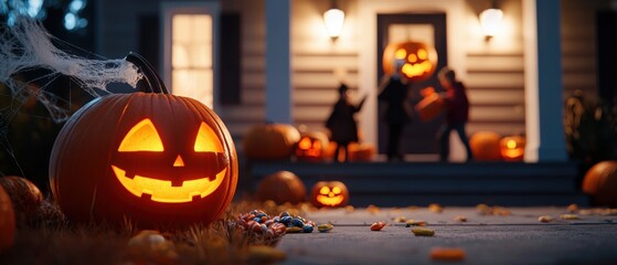 Obraz premium Spooky Halloween night with glowing pumpkins and trick-or-treaters
