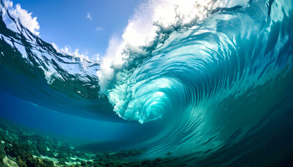 Powerful ocean wave underwater view