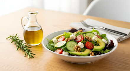 Colorful Green Salad with Avocado and Vegetables on Wooden Table