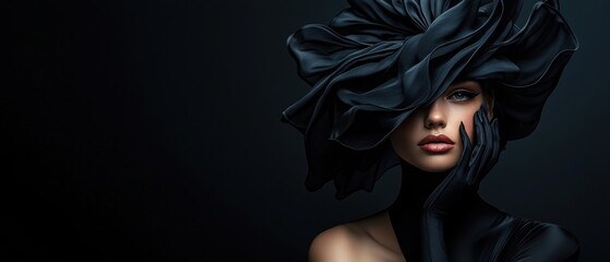 Elegant woman in dramatic black fashion and striking pose
