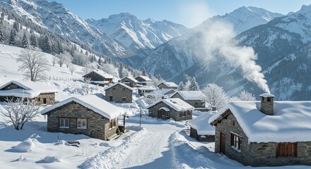 Snow on the ground showing a snowy mountain village with smoke curling from chimneys on a cold winter day