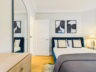 Modern luxury bedroom interior in minimal scandinavian style, 3d render