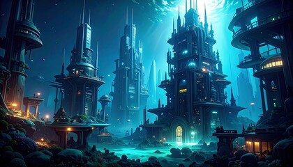 Futuristic Underwater Cityscape, Dark, Mystical Architecture.