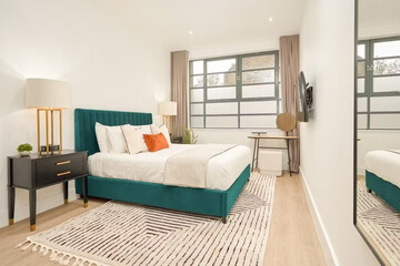 Modern luxury bedroom interior in minimal scandinavian style, 3d render