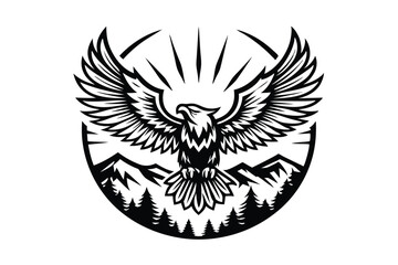 Obraz premium Majestic Eagle Wings Spread Above Mountain and Pine Trees on White Background