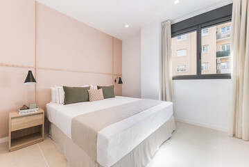 Modern luxury bedroom interior in minimal scandinavian style, 3d render