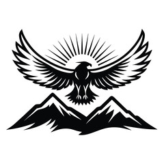 Majestic Eagle Over Mountains Silhouette, Wings Spread, Sun Rays, on White Background