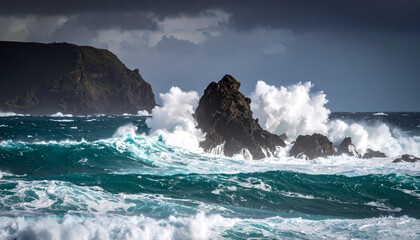 Powerful ocean waves crashing rocks